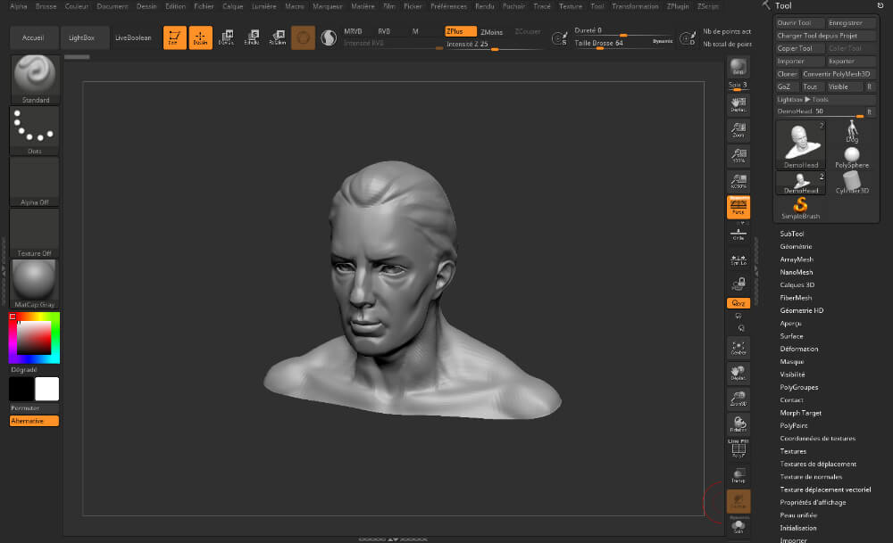 Interface graphique de Zbrush